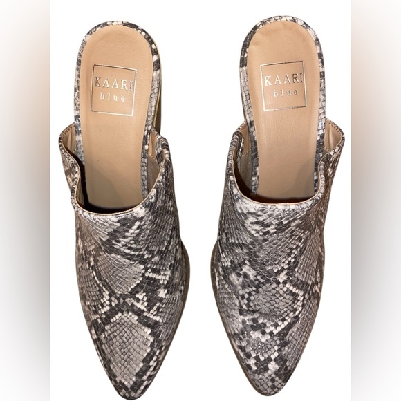 KAARI BLUE “Eliza” Faux Snakeskin Leather 3-1/2” Block Heels Slip On Style Mules - Picture 3 of 8